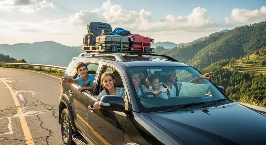 Family traveling in a Toyota Fortuner SUV with luggage, heading for a hill station trip in Pakistan.