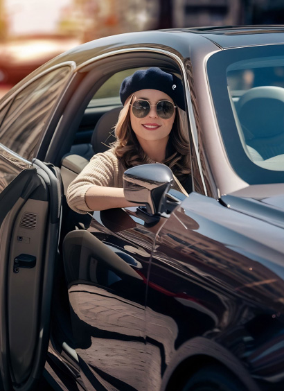 A smiling woman in a black luxury car, ideal for luxury car rental in Islamabad from Micro Car Rental.