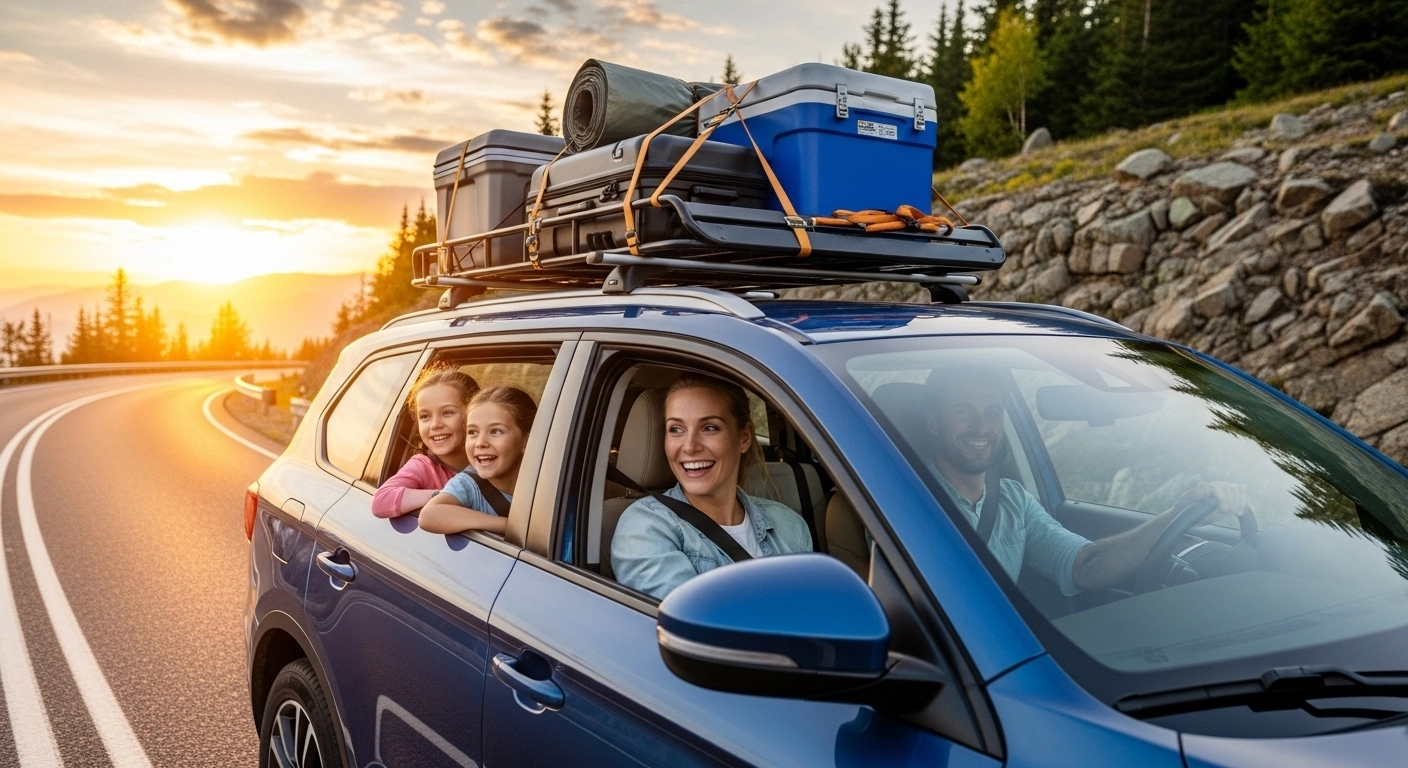 Family enjoying a road trip in a rental SUV with luggage on the roof rack