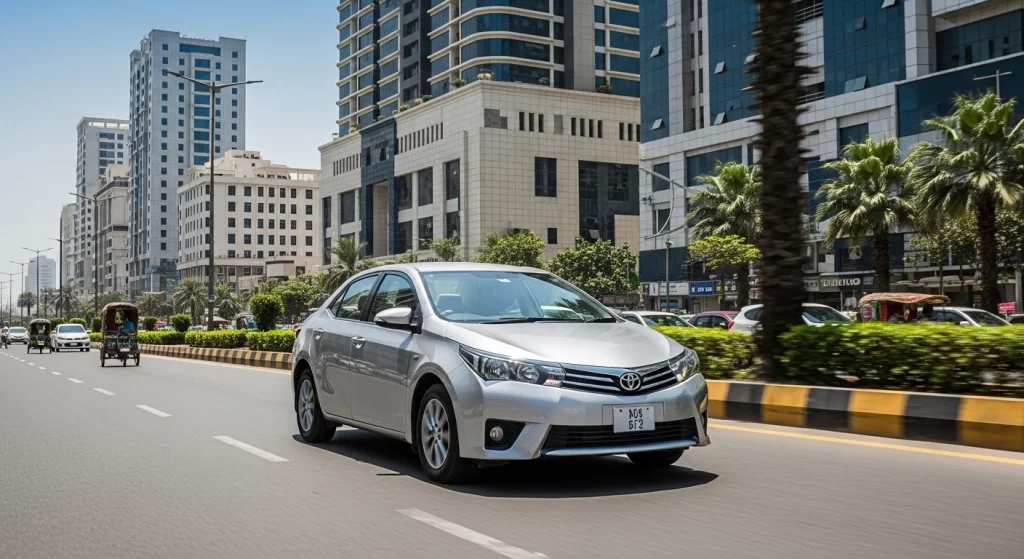 Toyota Corolla sedan driving through Karachi city streets, ideal for urban travel.