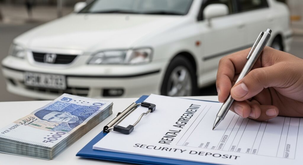 A-hand-signs-a-rental-agreement-next-to-a-stack-of-Pakistani-Rupee-notes-PKR-and-car-keys-illustrating-the-security-deposit-and-self-drive-transaction-for-affordable-daily-rentals.